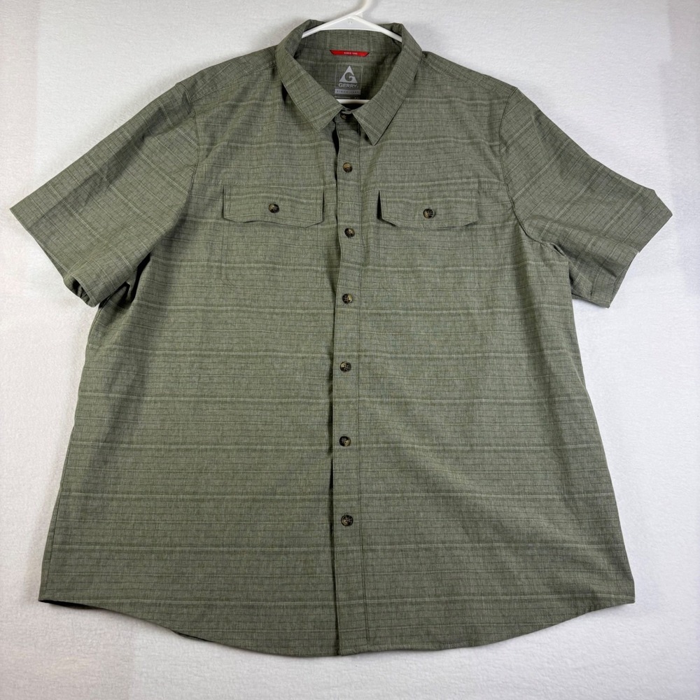 Gerry Mens XXL Olive Green Textured Short Sleeve Button Down Hiking Shirt Pocket